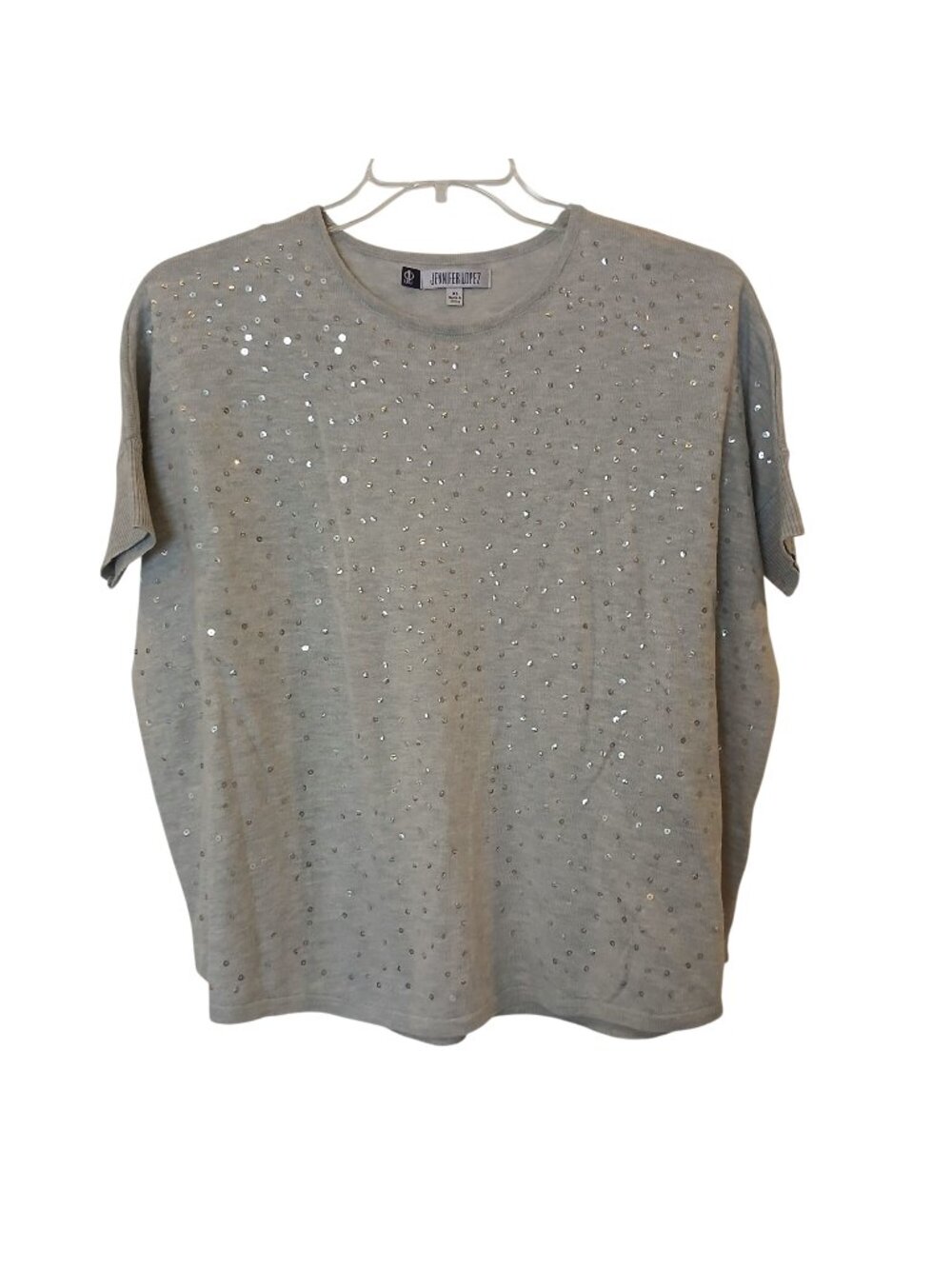 Jennifer Lopez  Top XS Oversized Grey Knit Sequin Embellished Short Sleeve #D-20